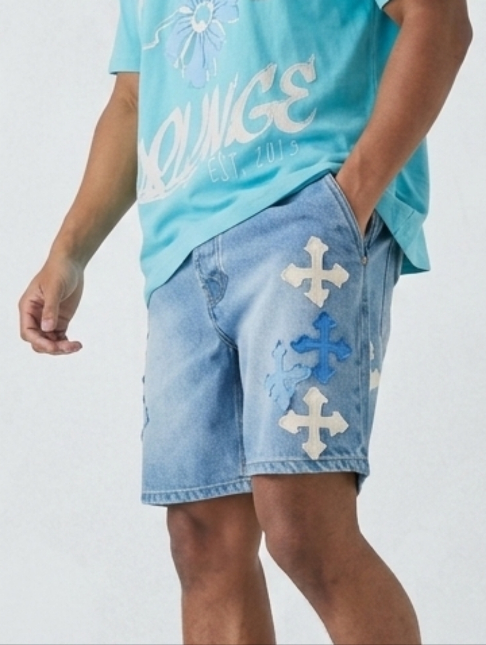 BoohooMan Slim Rigid Applique Denim Shorts In Light Blue Size 34